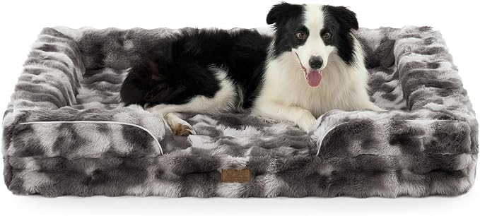 COZY KISS Faux Fur Orthopedic Dog Bed Washable for Extra Large Dogs, XXL | Soft Warm Pet Sofa with Sides or Bolster, Non-Slip and Big Dog Couch with Removable Waterproof Cover, 48x35 in, Tie Dye Grey