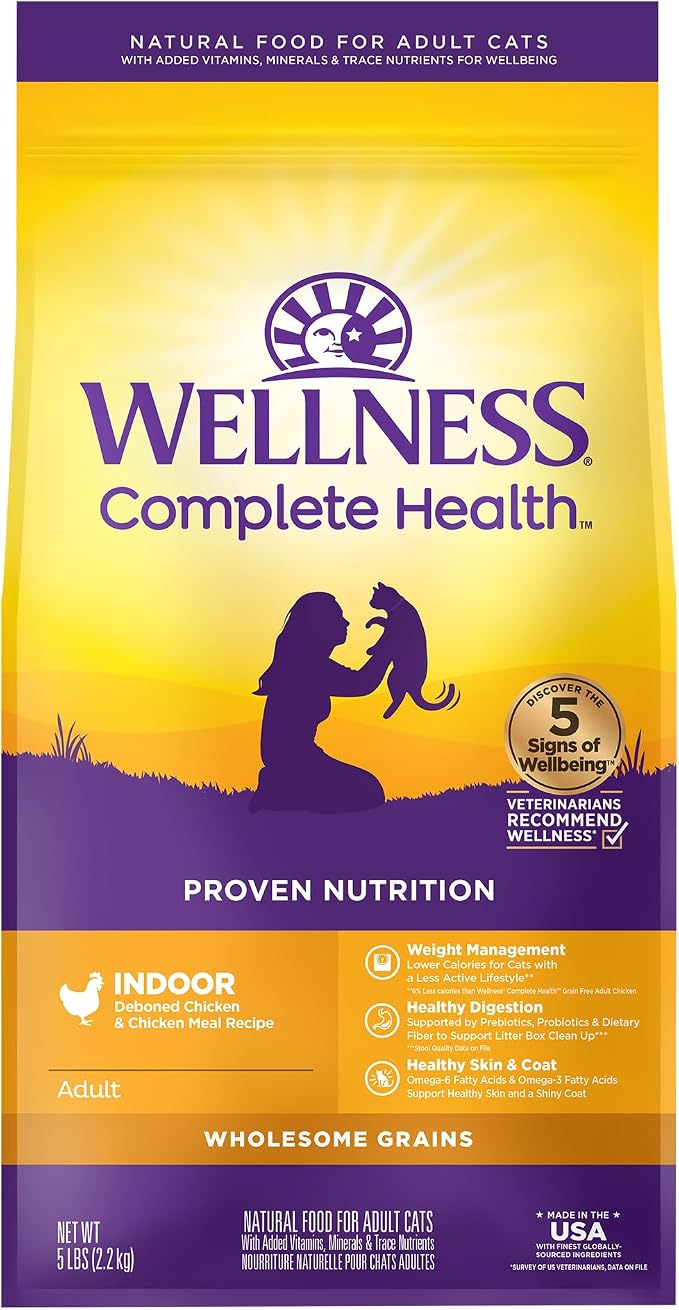 Wellness Complete Health Adult Dry Cat Food for Indoor Cats, Natural, Wholesome Grains Kibble, Chicken Recipe, 5 lb Bag