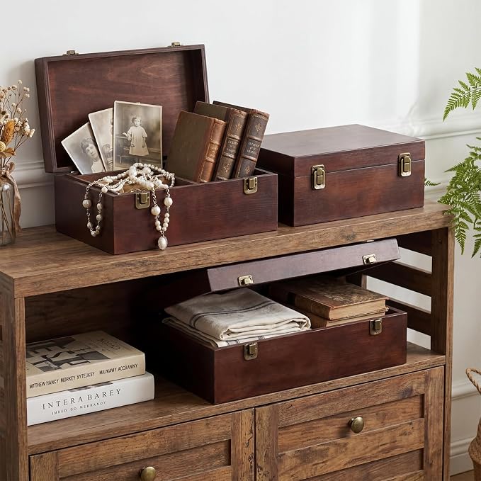 Sliner 3 Pcs Wooden Decorative Storage Boxes with Lids Vintage Wood Organizer Bins for Your Bookshelf Home Decor Safely Store Photos Documents Memory Jewelry Craft Storage (Dark Brown,S M L Size)