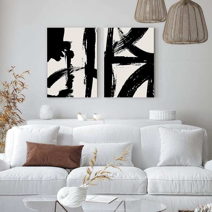2Pcs Framed Abstract Black and White Canvas Wall Art Minimalist Brushstroke Line Prints Modern Home Gallery Style Painting Posters Picture Bedroom Living Room Office 12x16 Inch Ready to Hang
