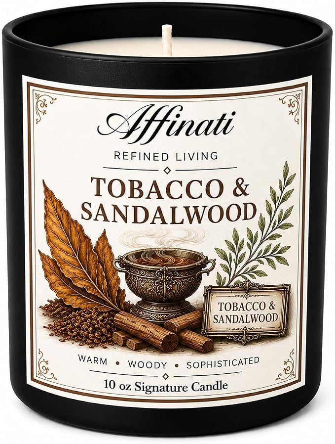Affinati Tobacco & Sandalwood 10 oz Scented Candle – Long Lasting Luxury Soy Blend Candle for Home, Strong Scent Throw Rich Earthy Wood Masculine Candle, Premium Room Odor Eliminator Gift