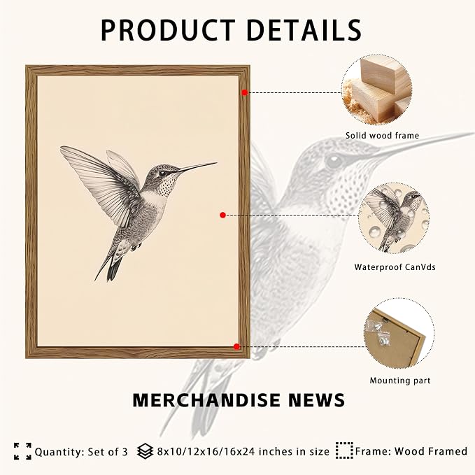 Vintage Framed Wall Art, Birds Canvas Prints, Hummingbird Sketch Painting Picture, Neutral Farmhouse Artwork Wall Decor for Living Room Bedroom – Dark Wooden Frame 12x16in