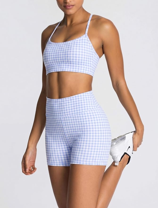 ABOCIW Workout Sets for Women 2 Piece Color Block Strappy Sports Bra High Waist Shorts Gym Yoga Pilates Outfits