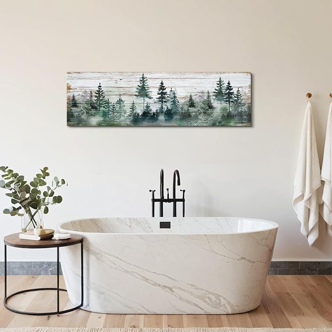 Farmhouse Pine Tree Wall Art Forest Wall Decor Rustic Wood Mountain Picture Canvas Prints for Living Room Kitchen Cabin Home Decor Vintage Woodland Poster Painting Narrow Artwork Decorations 14x48”