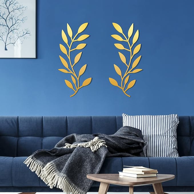 Zhengmy 2 Pcs Metal Leaf Wall Art Vine Branch Decor,Gold | Olive Branch Metal Decor for Living Room Hallway, Symmetrical Leaf Pair for Doorway Entryway, Lightweight Hanging Art Design