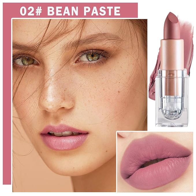 Matte Nude Lipstick Velvet Lip Gloss Non-Fading Non-Sticky Cup Nude Lipstick Matte Lip Stain Long Lasting Waterproof Lipstick for Women Girls Daily Lip Makeup-602 Bean Paste