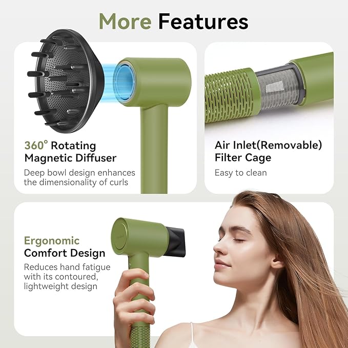 High-Speed Hair Dryer, 110,000 RPM 300M Negative Ions Blow Dryer for Ultimate Shine & Frizz-Free Hair, Intelligent Thermo-Control Fast Drying,Lightweight Quiet Hair Dryer with Magnetic Nozzle