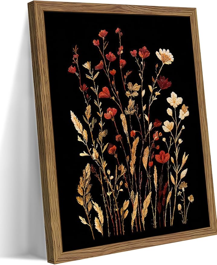 Framed Vintage Floral Wall Art, Dark Wildflower Botanical Canvas Wall Decor Paintings, Rustic Moody Flower Artwork Poster Print Picture for Bathroom Bedroom Living Room 16x24 Inch