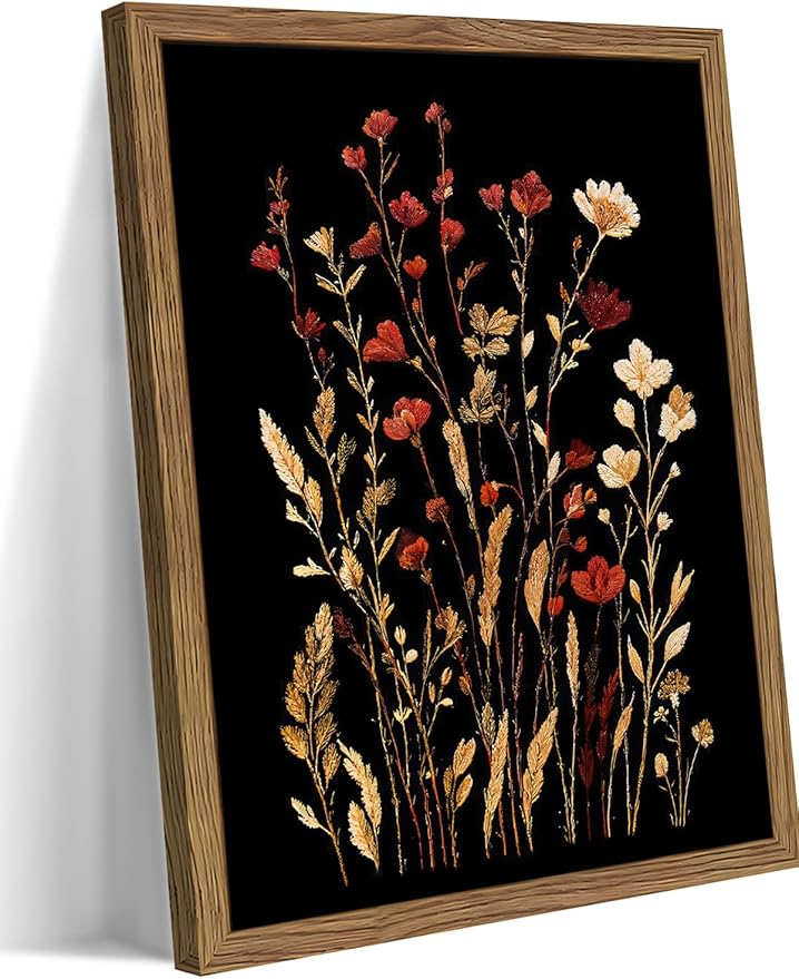 Framed Vintage Floral Wall Art, Dark Wildflower Botanical Canvas Wall Decor Paintings, Rustic Moody Flower Artwork Poster Print Picture for Bathroom Bedroom Living Room 12x16 Inch