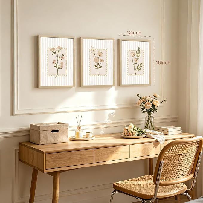 OPFDE Wood Framed Botanical Wall Art Set of 3, Neutral Wildflower Wall Decor, Minimalist Beige Stripe Poster Print, Vintage Cottagecore Farmhouse Floral Artwork for Living Room Bathroom 16x24 Inch
