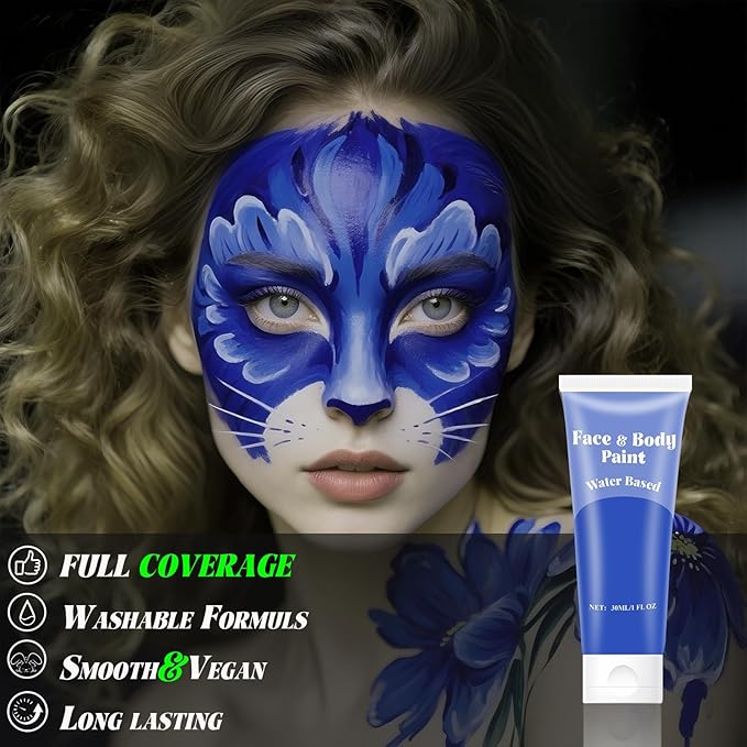 Blue Face Body Paint,Water-based Cream Painting,Blendable Face paint for Halloween Avatar Smurf Mystique Cosplay, Costume, Parties, Stage, Theater, SFX Special Effect Makeup