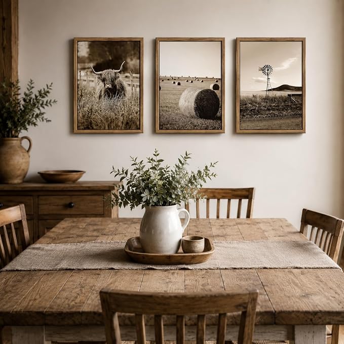 6Pcs Vintage Western Cowboy Wall Art, Highland Cattle Prints, 16" L x 12" W | Rustic Farmhouse Canvas Posters, Country Western Style Wall Decor for Bedroom and Kitchen, Framed