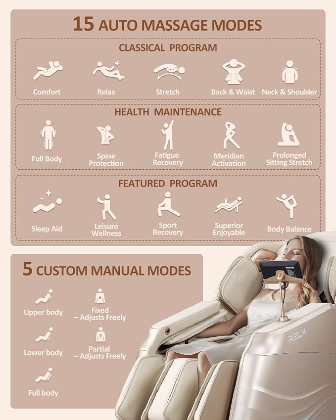 RELX Massage Chair Full Body, 20 Modes Zero Gravity SL-Track Shiatsu Massage Chair Built-in Heat System, Airbag Massage with Body Scan, Deep Yoga Stretch, Calfrest Extension and AI Control(Cream)