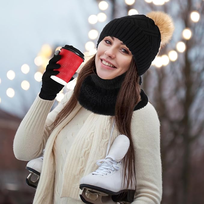 SATINIOR 5 Pcs Winter Hat Scarf Gloves Set Fleece Warm Lined Knit Beanie Hat Touch Screen Earmuff Gloves Warmer for Women