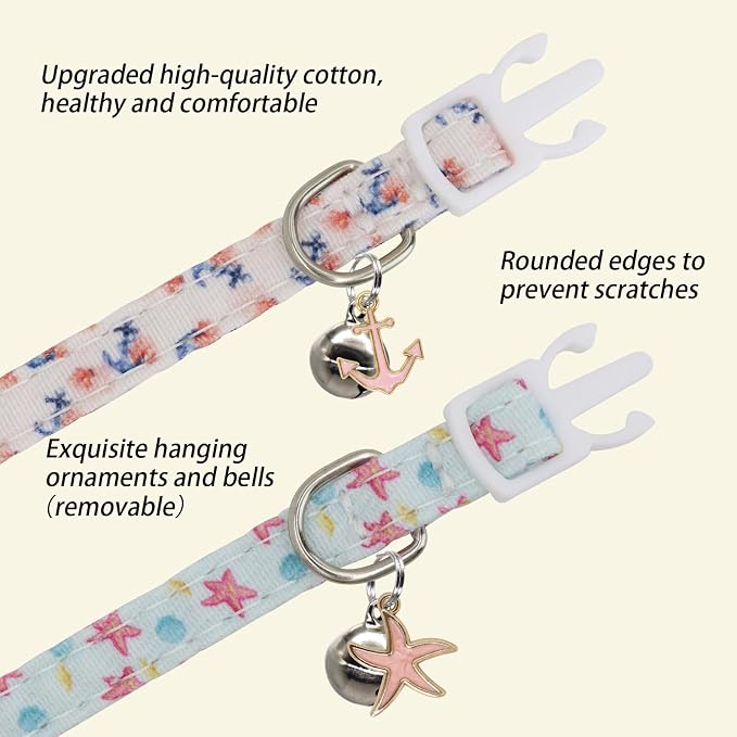 Cat Collars for Girl Cats & Boys, 2 Pack Soft Cotton Breakaway Collar with Removable Bell and Cute Charms, Adjustable Safety Pet Necklace, Ocean