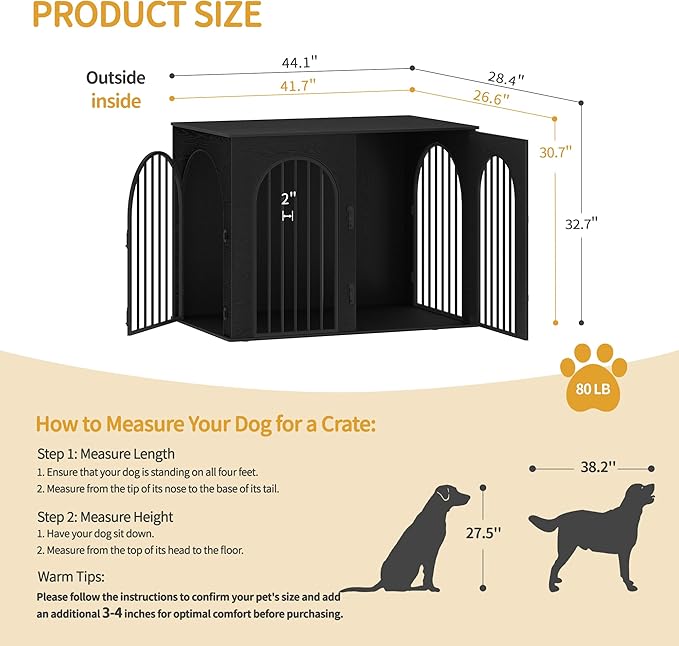 Hzuaneri 44.1'' Dog Crate Furniture,Dog Kennel Indoor for Medium/Large Dogs | Dog Kennel Furniture Wooden Dog Cage Heavy Duty Dog Crate Decorative Pet House End Side Table TV Stand,Black DFC83904B