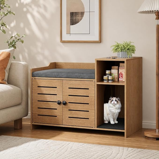 Cat Litter Box Enclosure Furniture, Large Hidden Litter Box Cabinet with Double Door, End Table Cat House with Storage Shelf, Modern Pet Furniture for Living Room, Oak