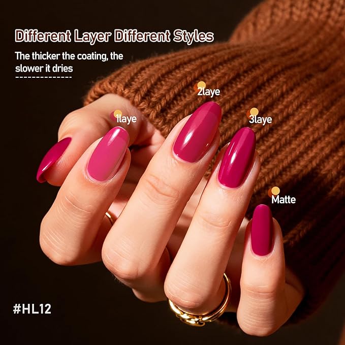 12Pcs Rose Nail Polish Set with Base and Top Coat Burgundy Dark Wine Cherry Red Hot Pink Fingernail Polish Kit Air Quick Dry Regular Finger Nail Polish Pack for Women Gift Holiday 5ML