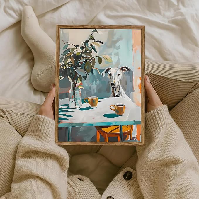 Funny Dog Wall Art, Whimsical Whippet Wall Decor Painting Cute Greyhound Poster Canvas Print Animal Artwork for Dining Room Kitchen Living Room 16x24 inch Wood Framed