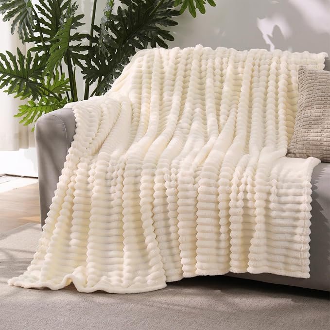 Beige Throw Blanket for Couch Sofa 60”x80” Striped Design