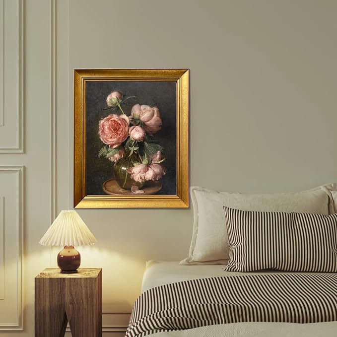 Gold Framed Pink Peonies Flower Oil Painting on Canvas Vintage Dark Floral Wall Art Farmhouse Picture Wall Decor Moody Canvas Print for Living Room Bedroom Bathroom Decor