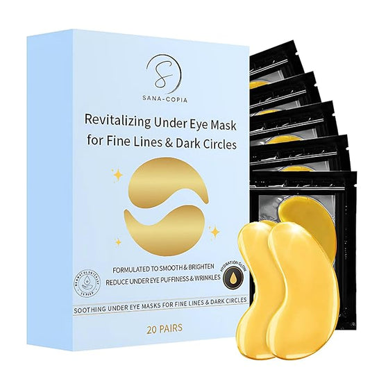 Under Eye Masks - Hydrating Eye Patches for Puffy Eyes & Wrinkles - Anti-Aging, Brightening, Vegan & Clean Beauty - Reduce Undereye Bags & Dark Circles for Women & Men - 20 Pairs (Gold)
