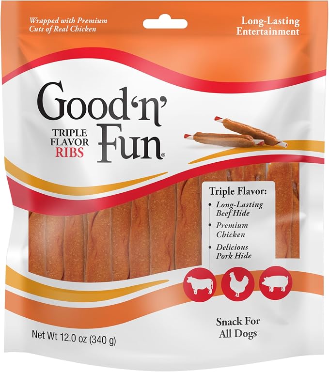 Good 'n' Fun Ribs Long-Lasting Dog Treat Made With Real Protein, 12 oz | Premium Chicken, Pork and Beef Hide Chew, Supports Dental Health and Mental Stimulation, For Adult Dogs