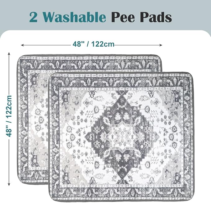 Washable Pee Pads for Dogs, 2 Pack Reusable Puppy Training Pads 48"x48" Super Absorbent Waterproof Dog Training Pads, Non-Slip Potty Pads, Whelping Pads Litter Mat Light Grey Medallion