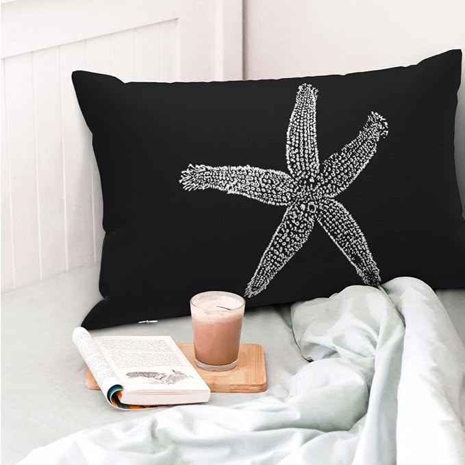 Coastal Pillow Covers 12x20 Set of 2 Black Starfish Throw Pillows Nautical Ocean Decorations Summer Beach Coral Pillowcase Outdoor Decor Linen Farmhouse Square Cushion Case for Sofa Bedroom