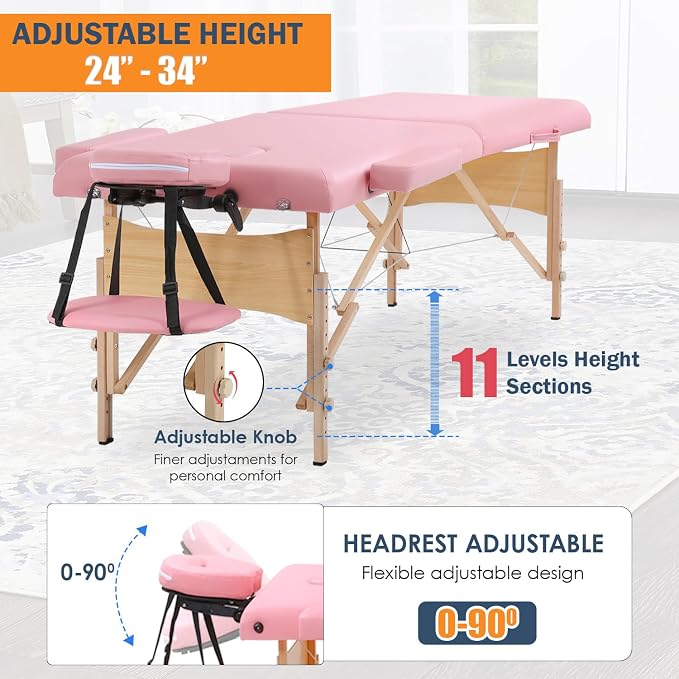 BestMassage Massage Bed Portable Massage Table 2 Folding Lash Bed Height Adjustable 28 Inch Wide Spa Table with Non-Woven Bag for Spa Footmassage Facial CareSpa Tattoo