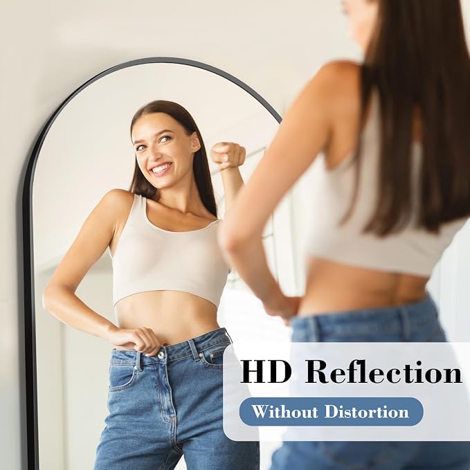 DUMOS 58"x19" Arched Full Length Mirror with Stand, Full Body Floor Mirror | Free Standing or Wall Mount, Hanging or Leaning, Nano Glass Aluminum Frame, Modern Simple Home Decor, Black