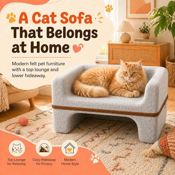 Large Cat Bed for Indoor Cats, 2-Tier Cat Cave Bed with Top Lounge & Lower Hideaway, Washable PET Felt Cat Sofa for Living Room, Bedroom, Apartment, Scratch-Friendly Cat Furniture, Light Gray