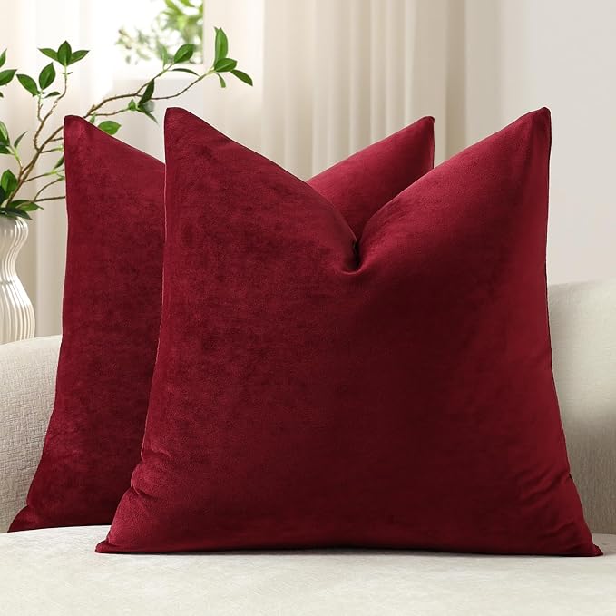 Throw Pillow Covers 20x20 Wine Red: Pack of 2 Cozy Soft Velvet Square Modern Luxury Decorative Throw Pillow Cases for Christmas Sofa Couch Living Room Bed Home Decor