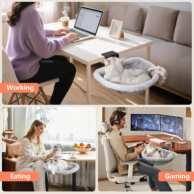 Extra-Sturdy Cat Desk Bed with Heavy-Duty Clamp | Sunken Hammock Design & Soft Faux Fur, Removable & Washable Cover, Holds Up to 40lbs, Space Saving Cat Perch