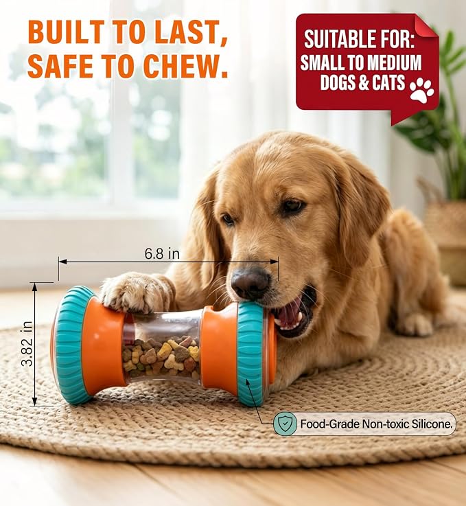 Dog Slow Feeder Toy & Enrichment Puzzle, Interactive Treat Dispenser for All Breeds, Freeze-Dried Compatible Dual Port, Quiet Rubber Wheels, Dishwasher Safe, Boredom & Anxiety Relief