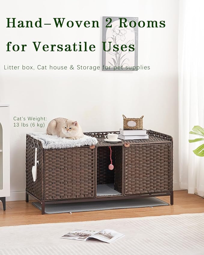 SETVSON Cat Litter Box Enclosure for 2 Cats, Litter Box Furniture, Brown | Beautiful Decorative Furniture Look, Sturdy Iron Frame, 3.2" Heightened Feet, Double Mats, S-Hooks Included, Double Doors