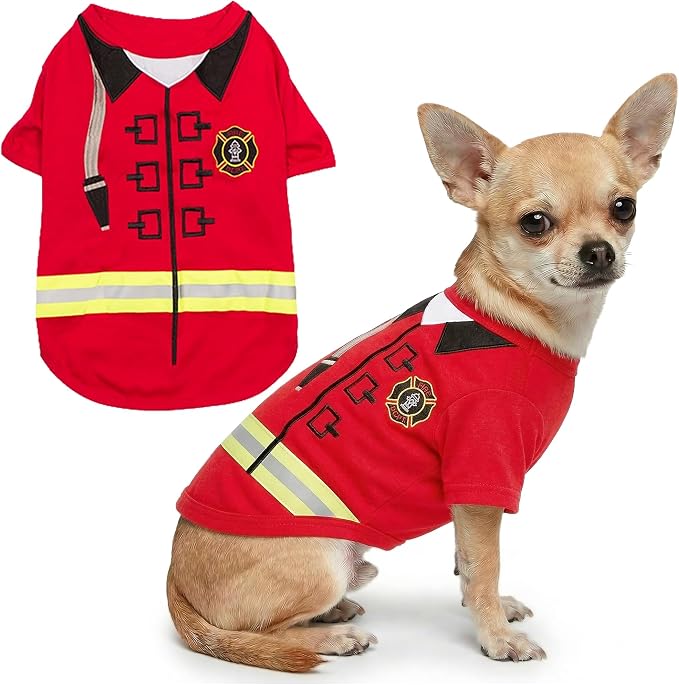 Parisian Pet Dog Costume - 100% Cotton Firefighter Dog Clothes for Small Dogs - Lightweight Puppy Outfits - Funny Chihuahua Clothes - Sleeved Red Shirt for Dogs - Stretchy and Stylish Pet Costume
