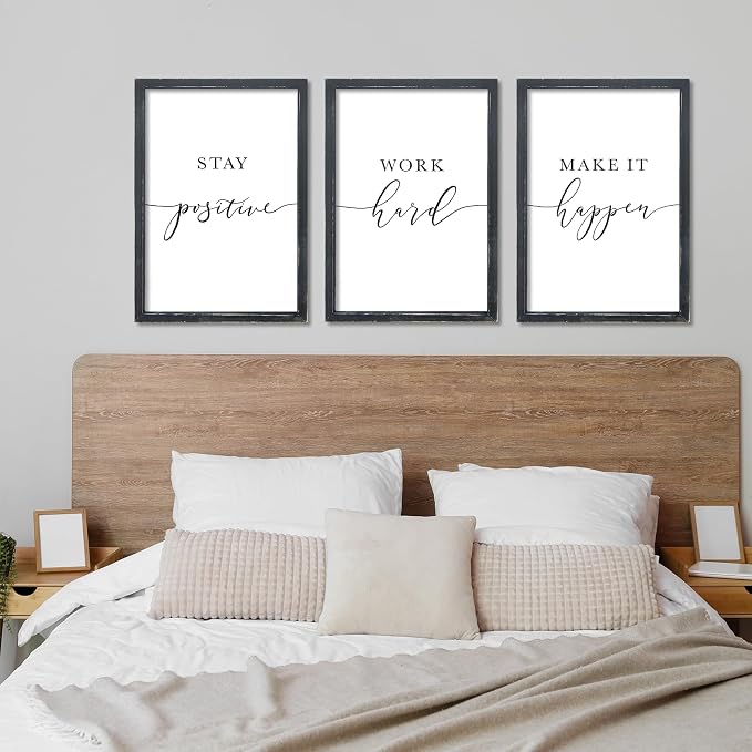 RLWangChao Inspirational Quotes Wall Art Decor 3 Piece 11"X16" Black | Modern Office, Stay Positive Work Hard Make It Happen Motivational, Framed Sign, Living Room Positive Wall Hanging