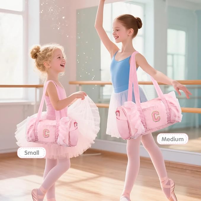 Personalized Initial Dance Bag for Girls 6-9, Medium Lace Gym Sport Yoga Cheer Dance Bags Gift for Teen Girls, Cute Letter Kids Ballet Bag Toddler Travel Duffel Tote with Adjustable Straps(Pink-C)
