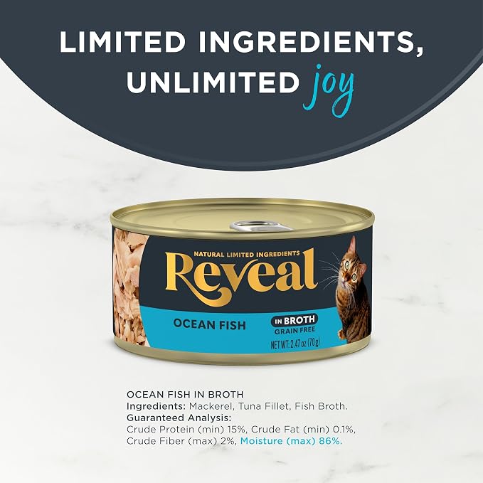 Reveal Ocean Fish in Broth Wet Cat Food 24-Pack 2.47 oz Cans | 100% Natural, High Quality Protein, Limited Ingredient, Grain Free, Complementary Food, No Fillers, No Artificial Additives