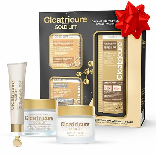 CICATRICURE Gold Lift Anti Gravitational Wrinkles Skin Care Gift Set with Day Anti-Wrinkle Cream + SPF 30, Night Anti-Wrinkle Cream & Dual Contour Eye and Lip Wrinkle Cream, 3 Pack