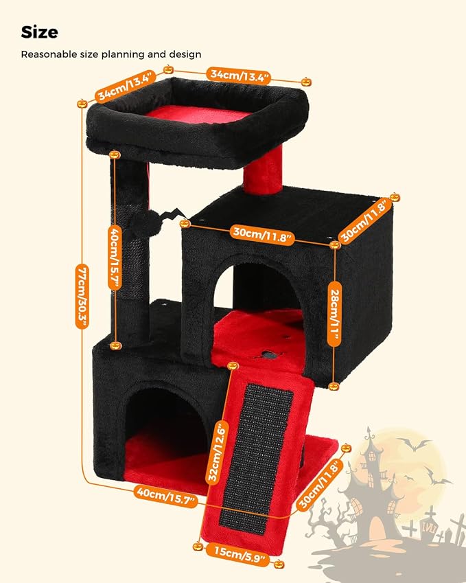 PAWZ Road 30" Cat Tree, Gothic Cat Tower with 2 Condos for Indoor Cats | cat trees for small cats,cat houses with scratching ramp and posts,dual condos&top perch with bat toys