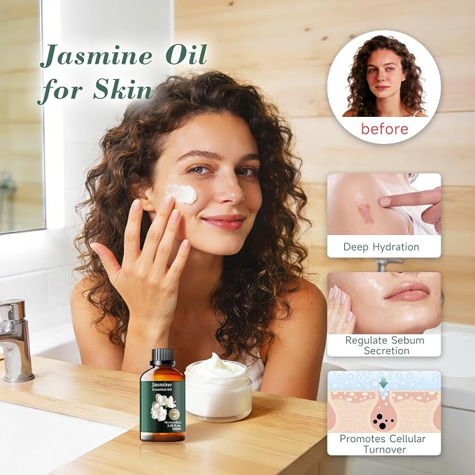 Jasmine Essential Oil, Floral Scent, Diffuser, Skin & Hair, 3.38 Fl Oz | Mumianhua Jasmine Oil. Sweet, Romantic Floral Aroma. For Pillow Mist, Bedtime Diffusion, Skin & Hair Care. Always Dilute