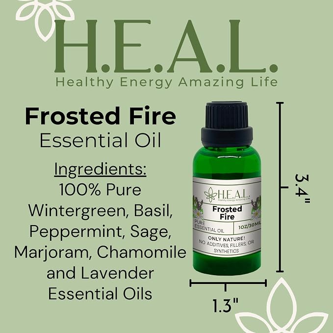 H.E.A.L.'s Frosted Fire Essential Oil Blend 1oz – Wintergreen, Basil, Marjoram, Peppermint, Sage, Chamomile, Lavender Blend for Diffusers