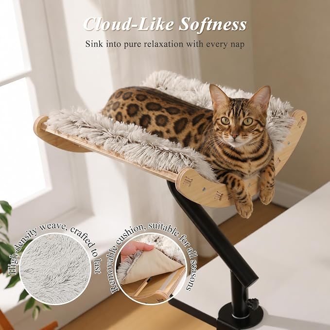 PEQULTI Desk Cat Bed, 360° Rotating Clamp-On Cat Hammock, Wood, Beige | Clamps to desk edge (2.4", no drilling); holds 50 lbs; 360° rotating perch, 11.8" high; removable washable cushion