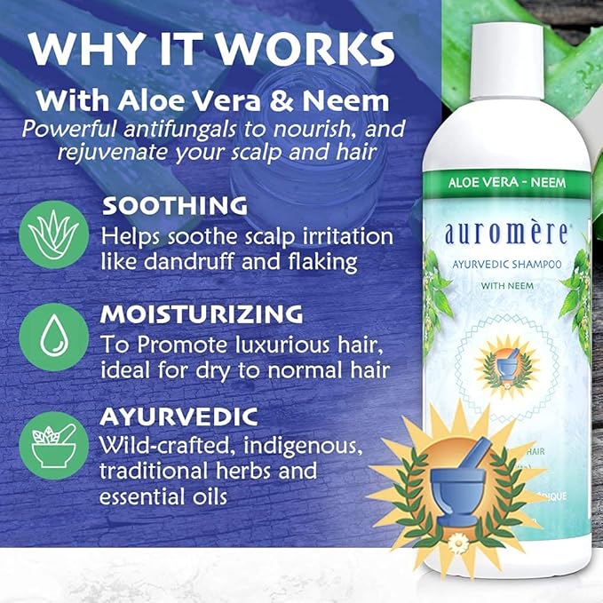 Auromere Ayurvedic Shampoo, Aloe Vera Neem - Vegan, Cruelty Free, Non-GMO, Natural, Gluten Free, Sulfate Free, Paraben Free for Dry to Normal Hair (16 fl oz), 1 Pack