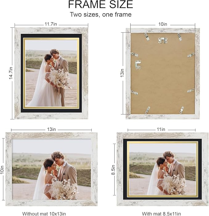 Hongkee 10x13 Picture Frame Set of 4, Made of Real Glass and Multicolour Frame, 10 by 13 Photo for Wall or Tabletop - Display Picture 8.5x11 with Mat or 10x13 Without Mat