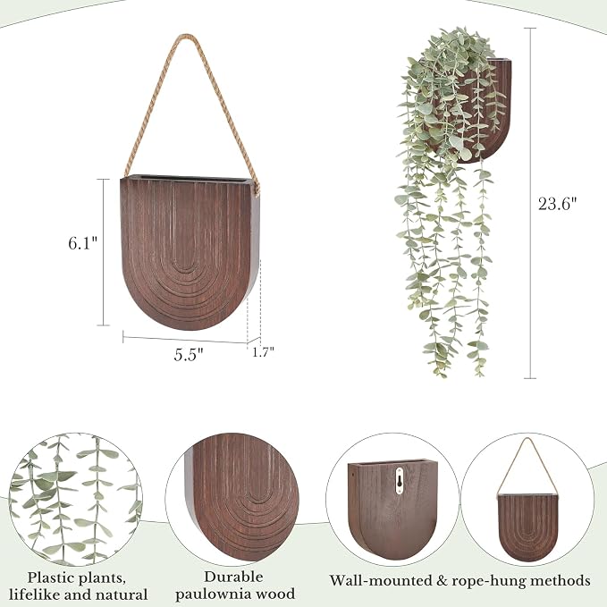 Dahey 2 Pack Wall Planter Vase with Hanging Fake Plants for Bathroom Decor | Eucalyptus Wall Plants, Boho Farmhouse Wood Wall Art Decor for Living Room Bedroom Kitchen Home Office, 2 Ways to Hang, Brown