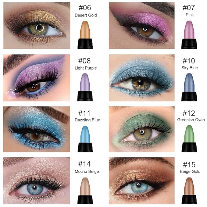 Kaely 8Pcs Cream Eyeshadow Stick Set, Desert Mocha Beige Gold Light Purple Pink Sky Dazzling Blue Geen, Shimmer Eyeliner Pencil Eye Shadow Sticks Palette Makeup for Older Women, sombras para ojos 02