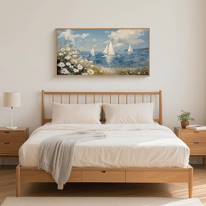 FWIEXA Coastal Wildflower Canvas Wall Art Framed, Ocean Sailboats Pictures Wall Decor, Beach Flower Seascape Painting, Blue Sky 20x40In Artwork for Living Room, Bedroom, Bathroom, Rustic Farmhouse